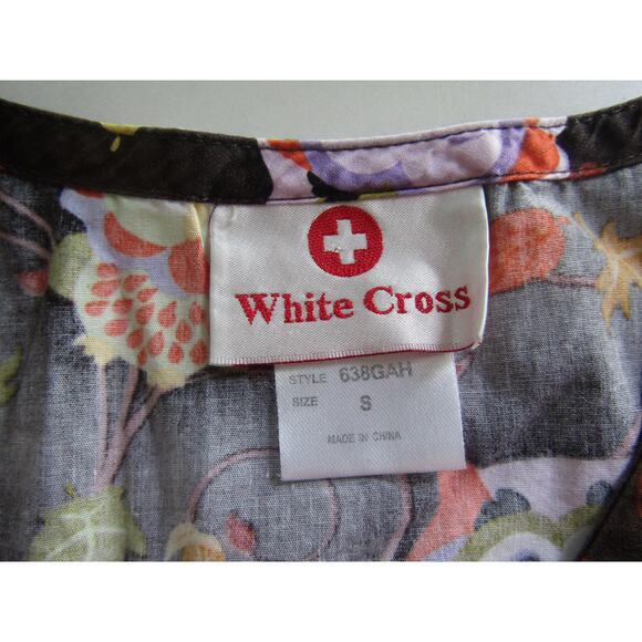 White Cross Scrub Top S Brown Owl Print Autumn Leaves Medical Uniform - Picture 3 of 6